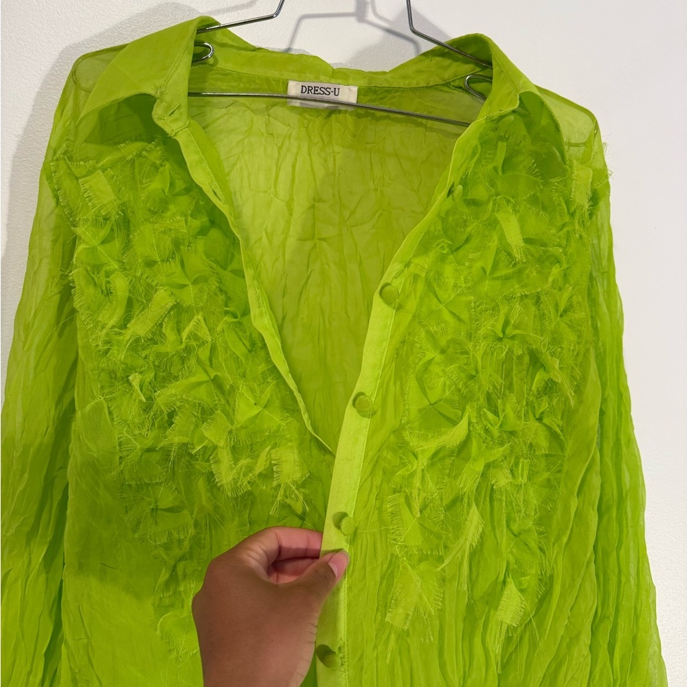 Lime Green Ruffle Button-Front Blouse